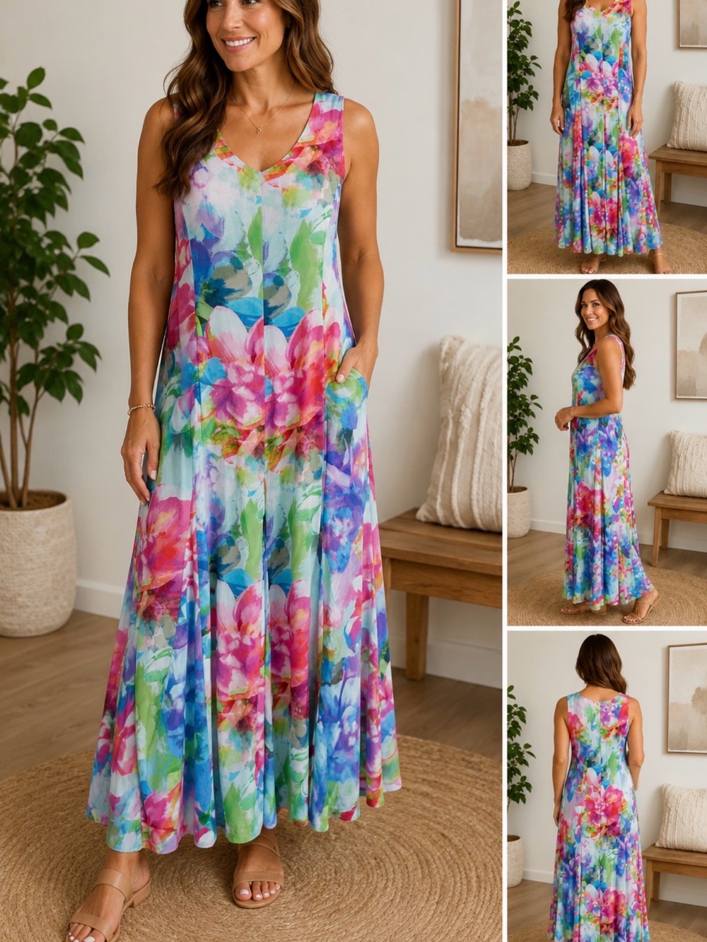 Soft Surroundings Multicolor Floral V-Neck Sleeveless Maxi Dress